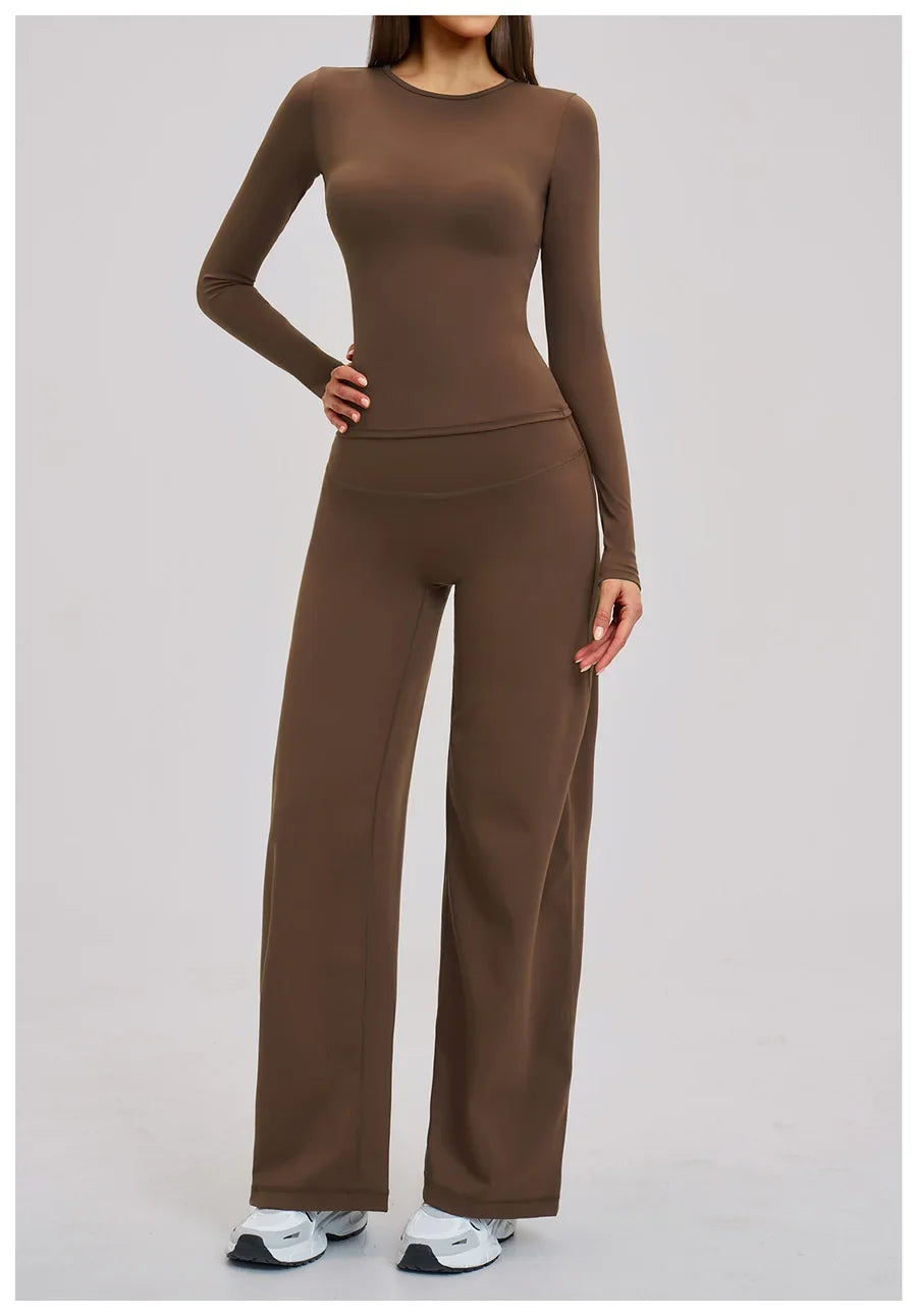 Yoga Set 2 Pieces Women Fitness Sportswear Gym Loose wide-leg pants Long-sleeved T-shirt Sports Crop Tops Tracksuit Workout Wear