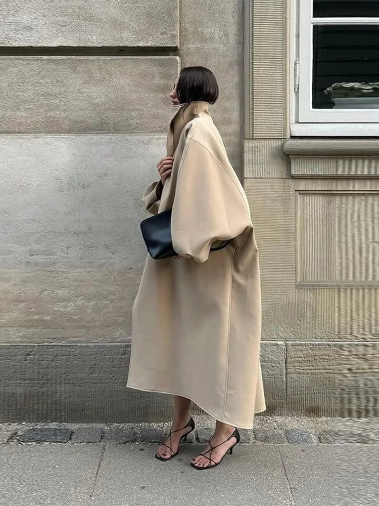 Women's Elegant Faux Suede Long Jacket Stand Collar Bat Sleeve Solid Overcoat Outwears 2025 Autumn Winter Female Streetwears