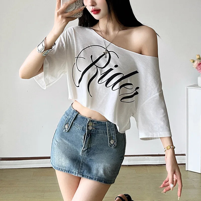Letter Print Oversized Tees Women Skew Collar Off Shoulders Short Sleeves T-shirt Irregular Hem Hip-hop Style Trend Crop Tops
