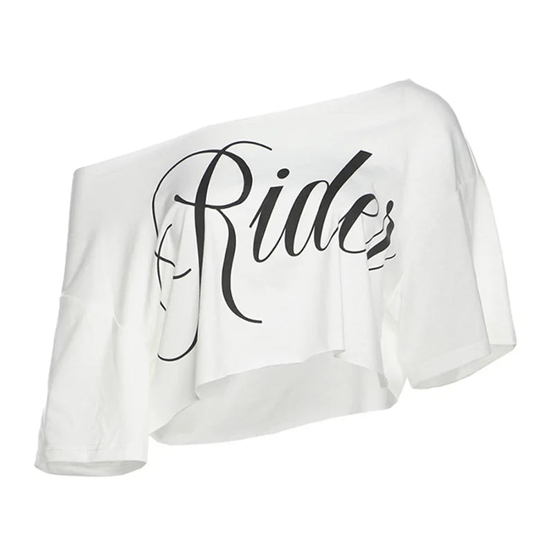 Letter Print Oversized Tees Women Skew Collar Off Shoulders Short Sleeves T-shirt Irregular Hem Hip-hop Style Trend Crop Tops