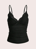 Sexy Contrast Lace Bow Front Crop Cami Top Women 2024 Summer Grunge Punk Y2K Clothes Ruched Skinny Backless Tee Shirt