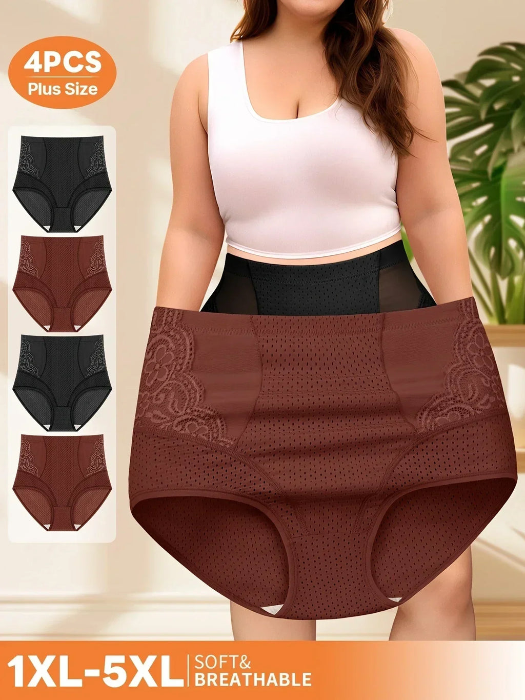 4pcs Plus Size Women'S High-Waist Briefs - Breathable Mesh & Lace Trim, Enhanced Comfort, Breathable Summer Panties in Black,