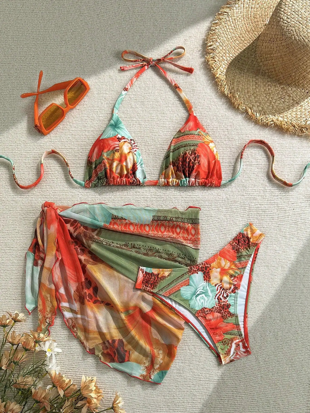Sexy Skirt 3 Piece Bikinis Sets 2026 Women Orange Floral Tiger Print Push Up High Waist Swimsuit Bathing Suit Swimwear Biquini