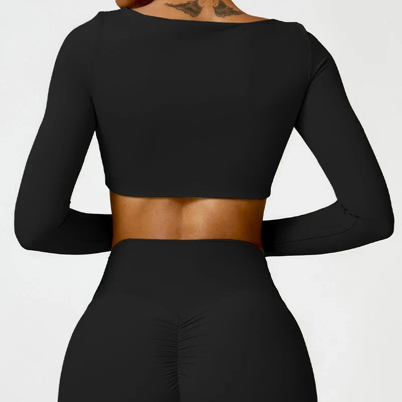 Hearuisavy Summer Casual Quick Dry Sportswear Women Square Neck Gym Top Women Fitness Sports Crop Top Long Sleeve Yoga Clothing