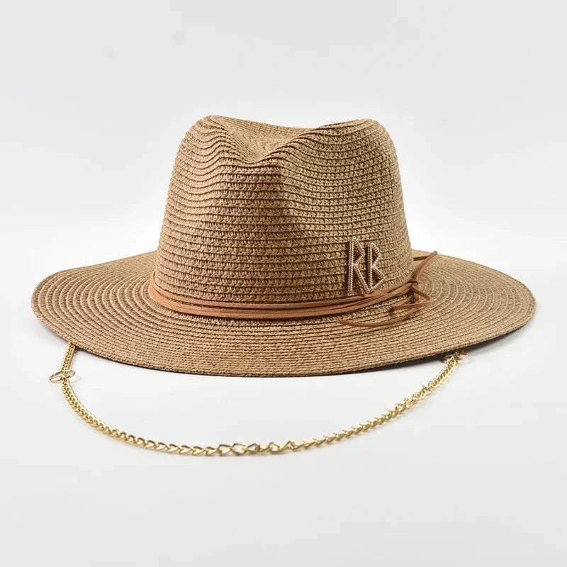 Fashionable Metal RB Letter Straw Hats for Women Men Summer Panaman Jazz Hat Outdoor Holidays Beach Sun Hat