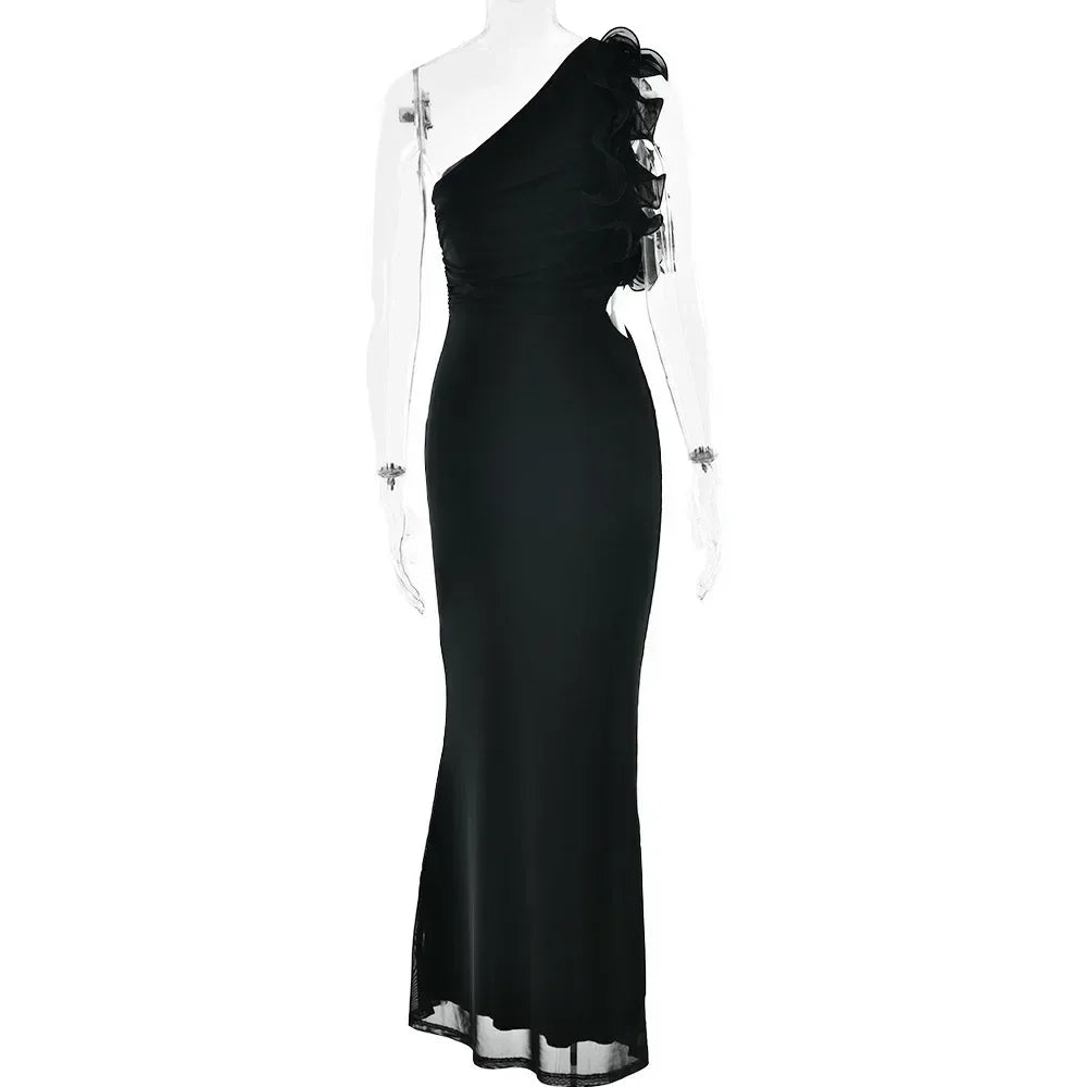 Articat Elegant Sleeveless Slant Shoulder Flower Dress Women Spring/Summer 2025 Sexy Mesh Wrap Hip Dress Party Evening Dress