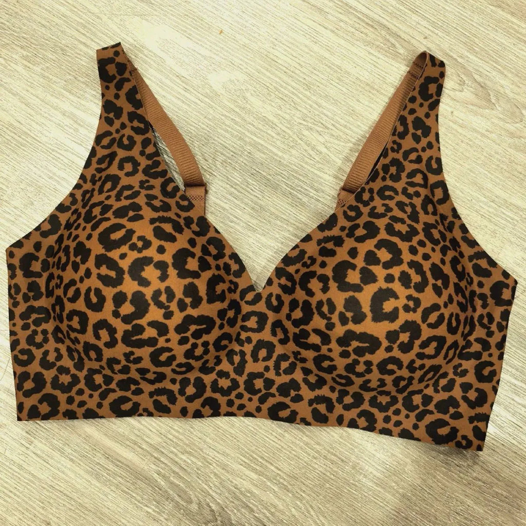 Women's Leopard Print Push-Up Seamless Bra Wire-Free Triangle Cup with Medium Mold Underwear Sexy and Comfortable Push-Up