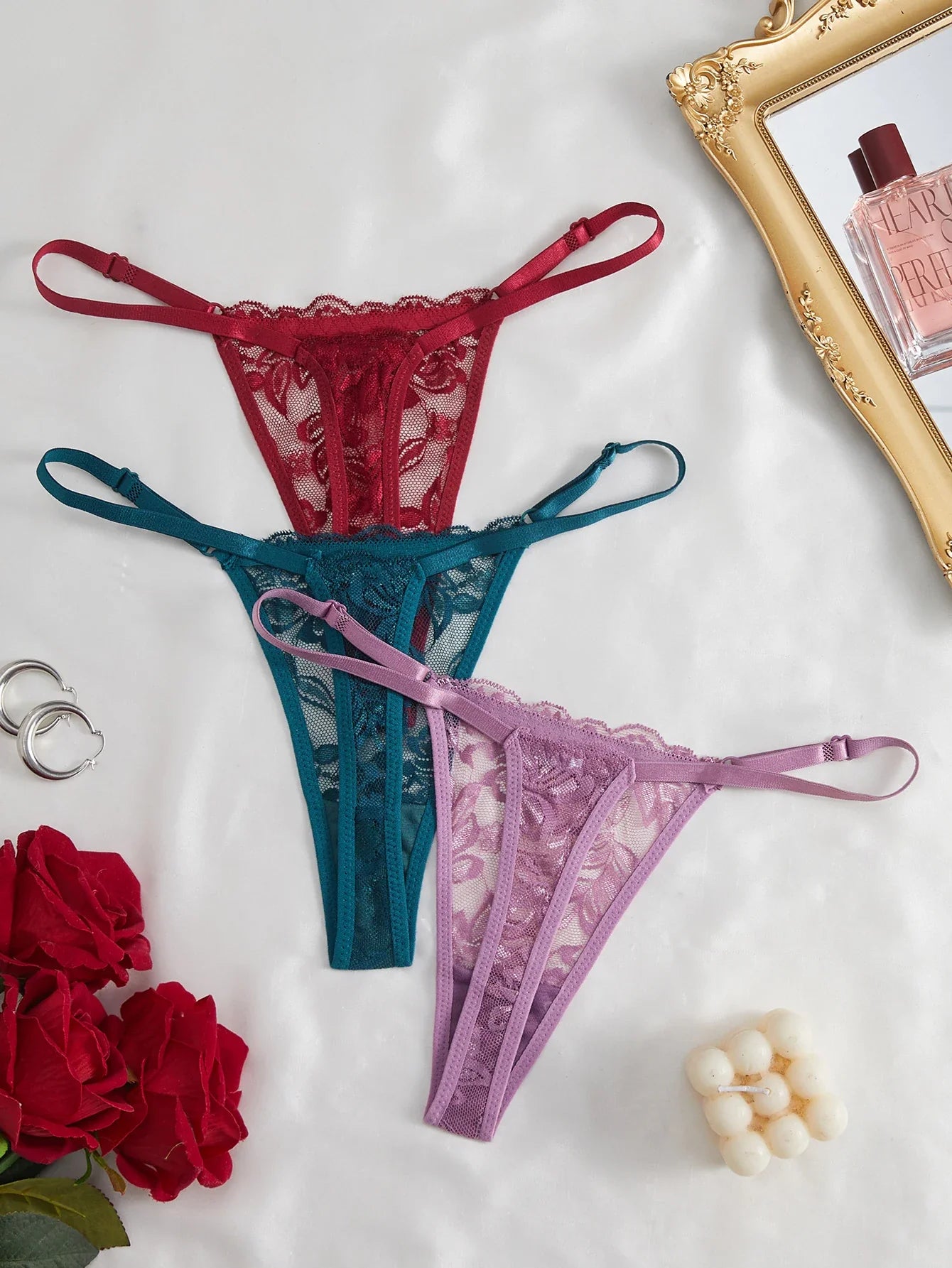 3-Pack Sexy Lace Women's Panties Adjustable Waistband Semi-Transparent Sexy Floral Lace Women's Sexy Lingerie Underwear