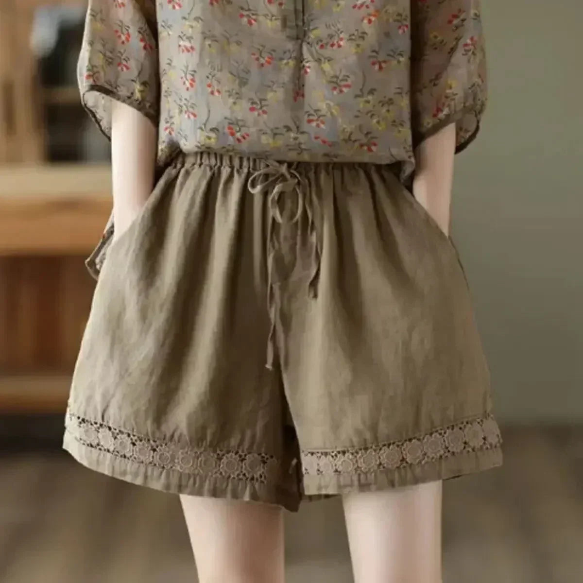 Cotton Linen Vintage High-Waist Elastic New Style Tie-Belt Embroidered Hollow Casual Straight Shorts