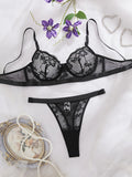 “Women's Black Lace Bra and Thong Set - Sexy Sheer Underwire Lingerie, Floral Embroidery, Seductive Nightwear”