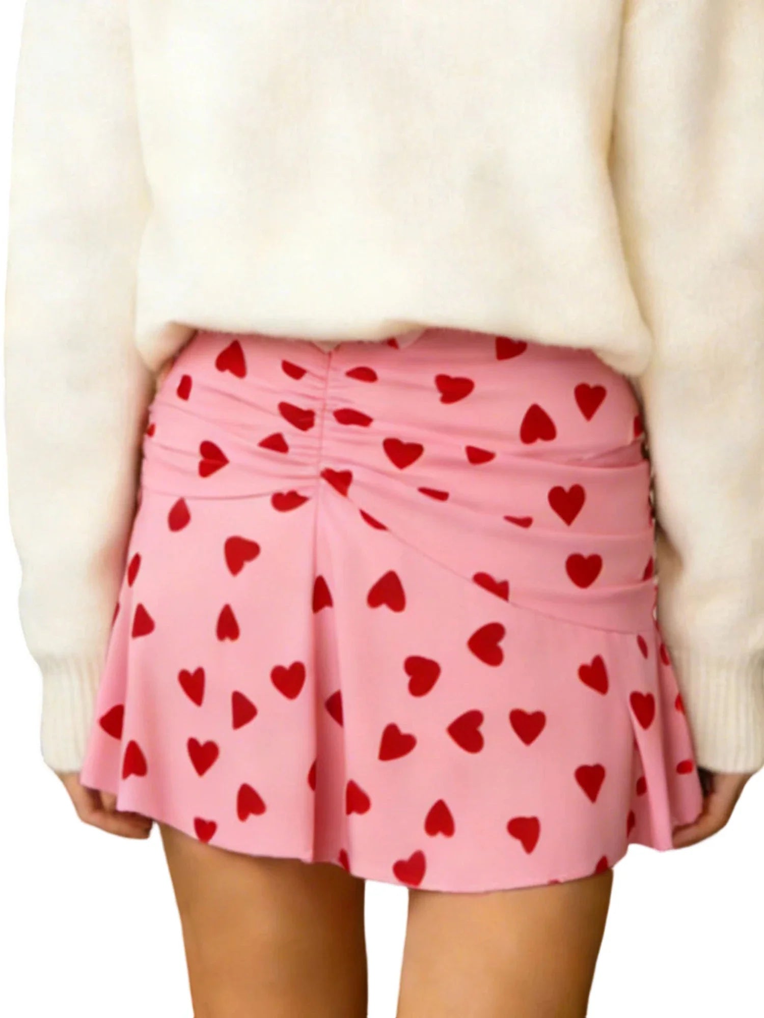 Women Heart Print Ruched Skirt Fashion Streetwear Casual Mini Skirt Valentine'S Day Mini Skirts High Waist Skirts Streetwear