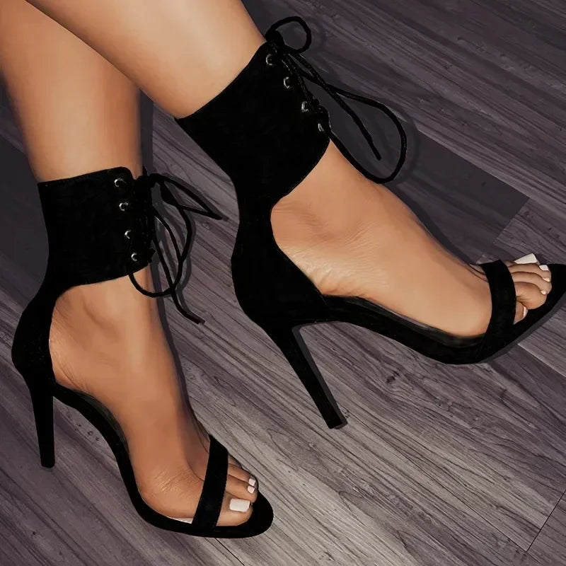 Black Gladiator Sandals For Women 2024 Summer Sexy Open Toe Belt Buckle Cover Heeled Thin High Heels Shoes Club Party Pumps