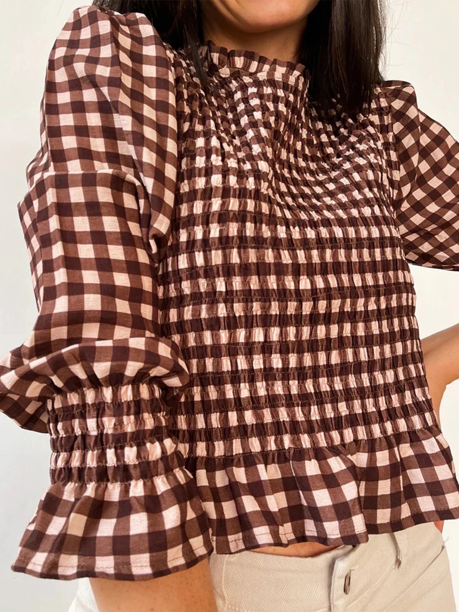 Women Fashionable Casual Round Neck Smocked Bubble 3/4 Sleeve Tops Summer Fall Plaid Print Ruffled T-shirts