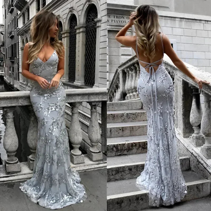 Women Dresses Sleeveless V Neck Pullover Sequins Party Dress Vestidos Formal Floor Length Sexy Wrap Breast Backless Slim