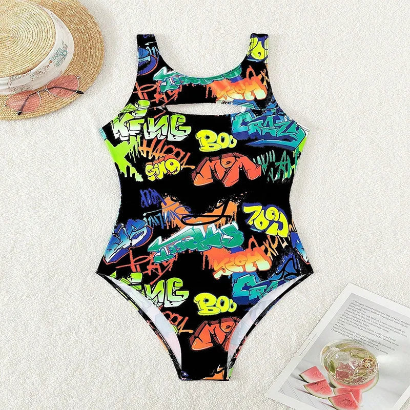 Vintage Yellow Abstract Print One Piece Swimsuit 2024 Women Hollow Out Holiday Bathing Suit Tummy Control Swimwear Beachwear