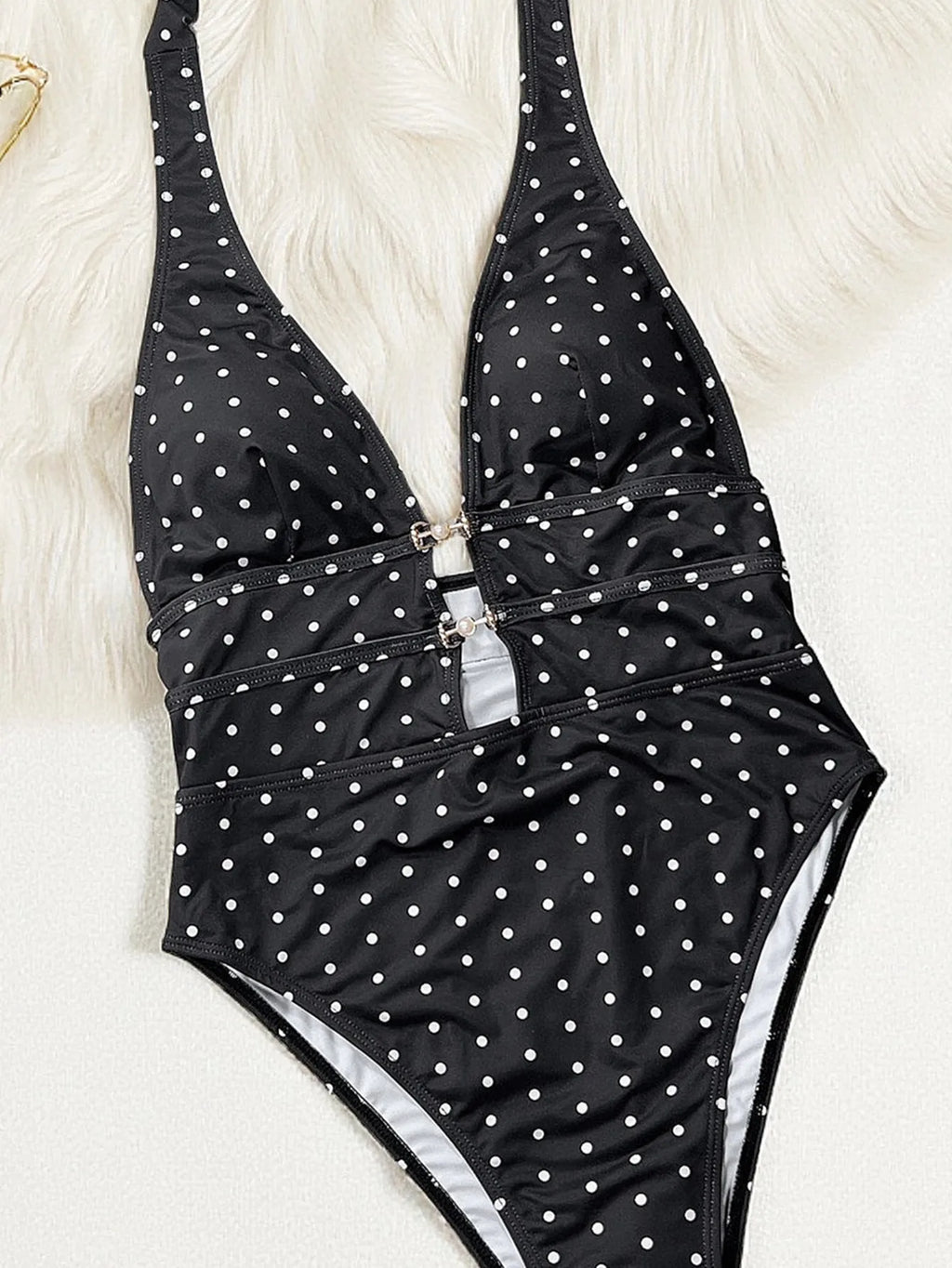 Vintage Black Polka Dot Print One Piece Swimsuit 2026 Women Sexy Hollow Out Pearls V Neck Backless Bathing Suit Holiday Swimwear