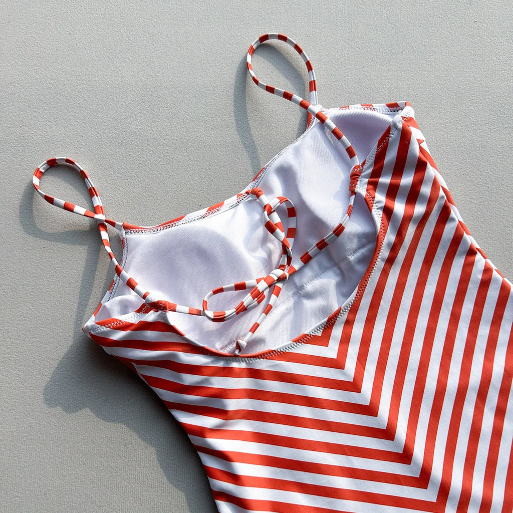 Vintage Red Striped One Piece Swimsuit 2026 Summer Push Up Padded Backless Bikini Beach Bathing Suit Pool Tummy Control Swimwear