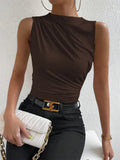 Women's Casual Mock Neck Ruched Tank Top Summer 2024 Solid Color Slim Fit Pleated Sleeveless T Shirt Tee Tshirt Streetwear