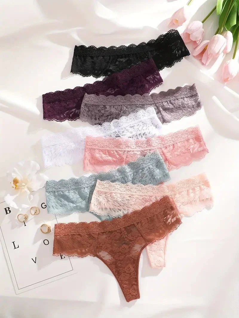 5Pcs Lace Sexy Thongs Women Low-Rise Briefs Sexy Soft Ladies Underwear Trendy Floral Underpants Female Flowery Panty Lingerie