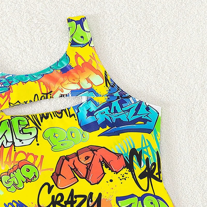 Vintage Yellow Abstract Print One Piece Swimsuit 2024 Women Hollow Out Holiday Bathing Suit Tummy Control Swimwear Beachwear