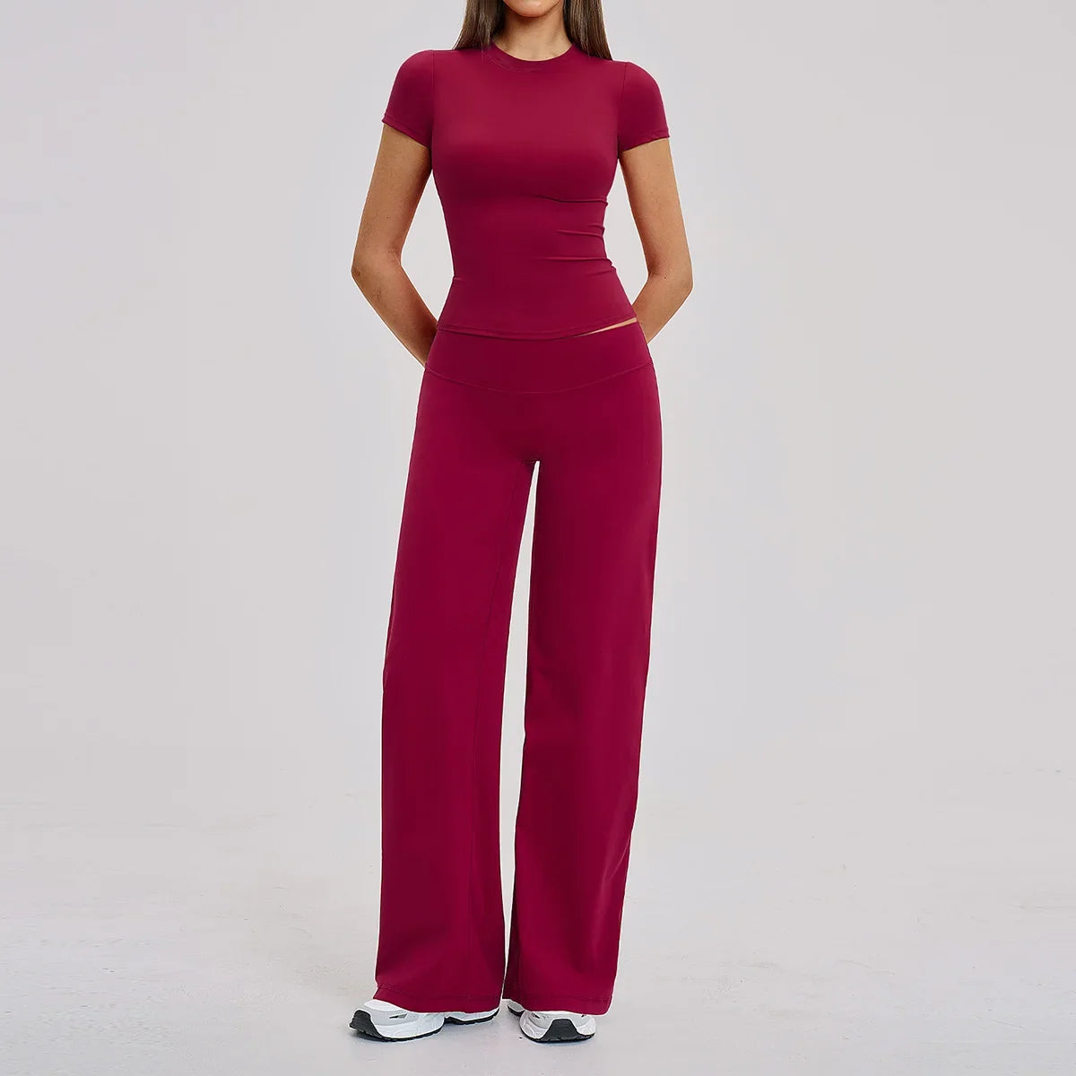 Yoga Set 2 Pieces Women Fitness Sportswear Gym Loose wide-leg pants Long-sleeved T-shirt Sports Crop Tops Tracksuit Workout Wear