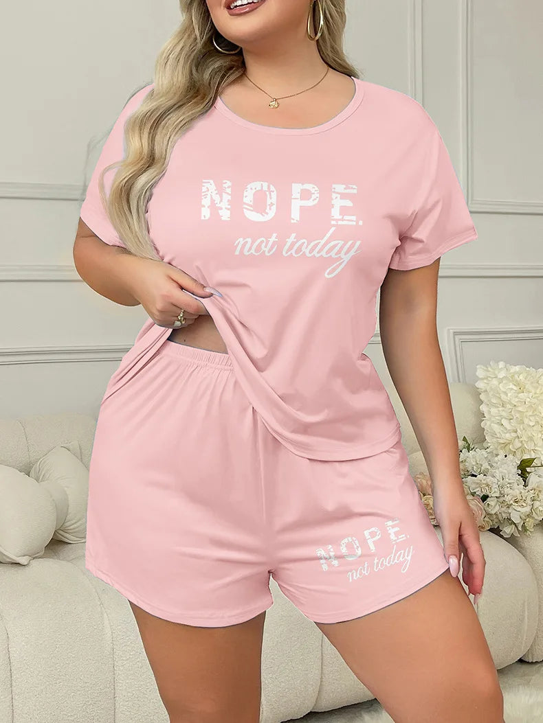 Letters Print Pajama Set Short Sleeve Tee And Elastic Shorts Plus Size Fit Women's Casual Attire Sports Wear Loungewear Homewear