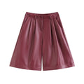 Burgundy Leather Wide Leg Shorts For Women High Waist With Pockets Stylish Daily Simple Casual Leather Button Zipper Shorts GQ6I