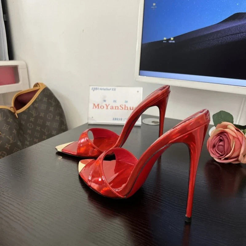 pointed Open Toe High Heel Shoes Woman Summer OutsideSlipper Party Stiletto Luxury Designer Patent Leather Women Sandals