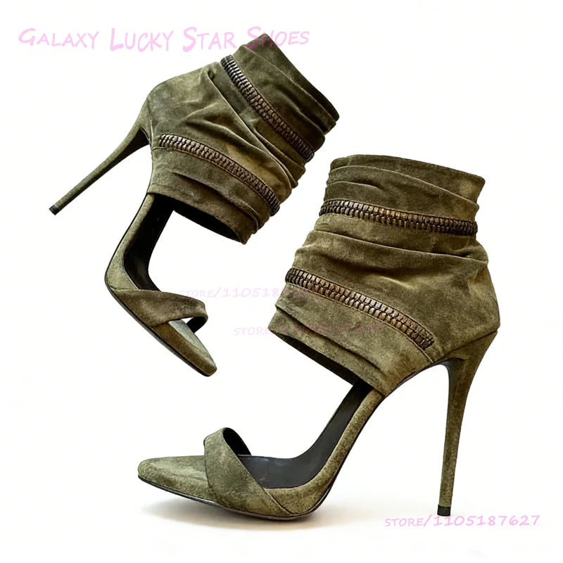 Dark Emerald Green Suede Ankle Wrap Sandals Women Open Stiletto Heel Round Toe Hot Chick Heels Metal Zip Cool Street Style Shoes