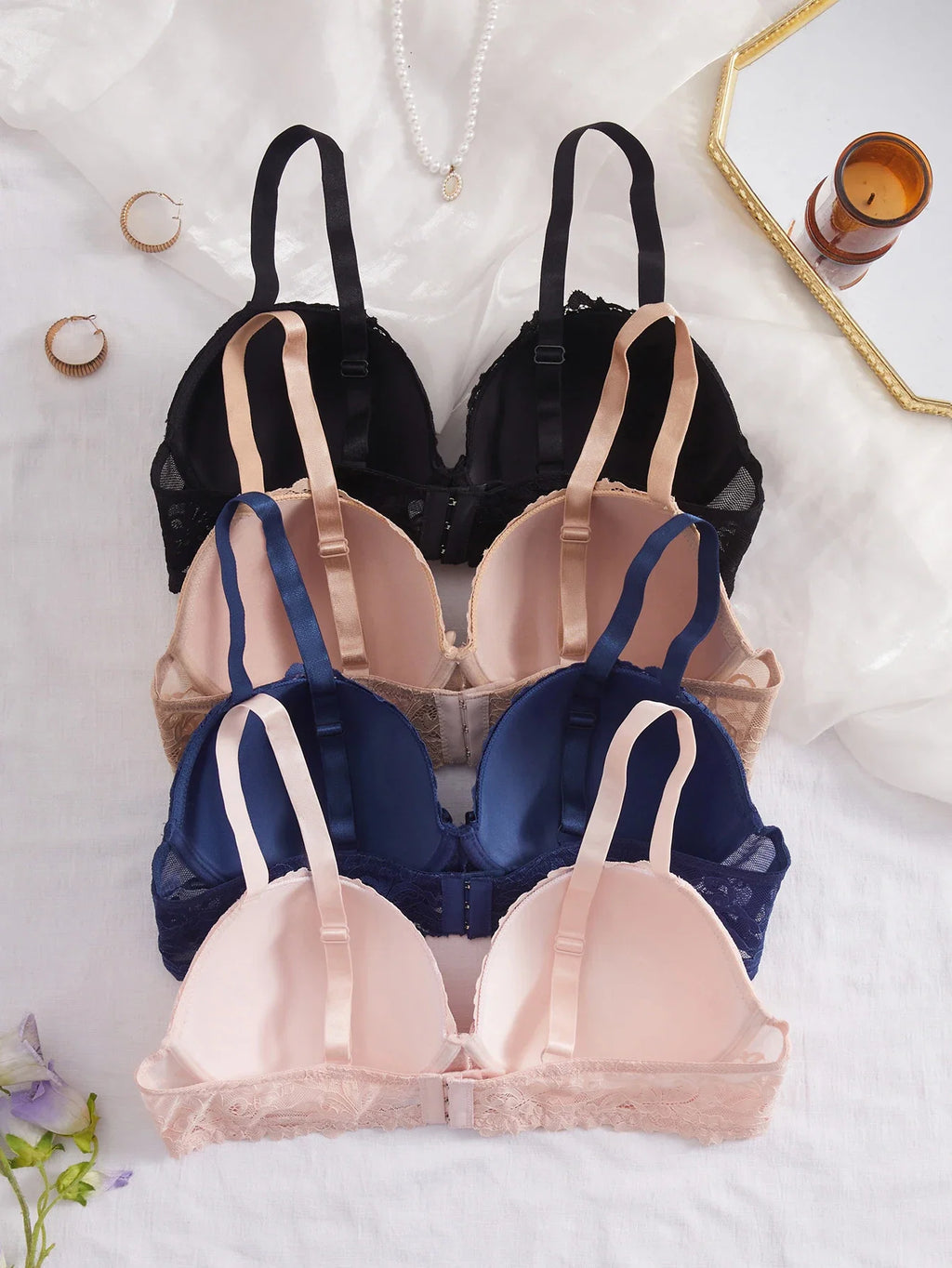 4PCS Plus Size Women's Bras Floral Lace Underwire Underwear Set Side Support Push Up Daily Comfort Full Cup Lingerie Set