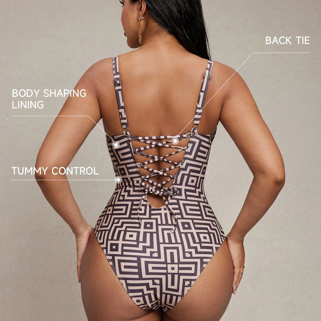 Sexy Coffee Geometry Print One Piece Swimsuit 2026 Women Underwire Push Up Bandage Back Cross Slim Fit Bathing Suit Swimwear