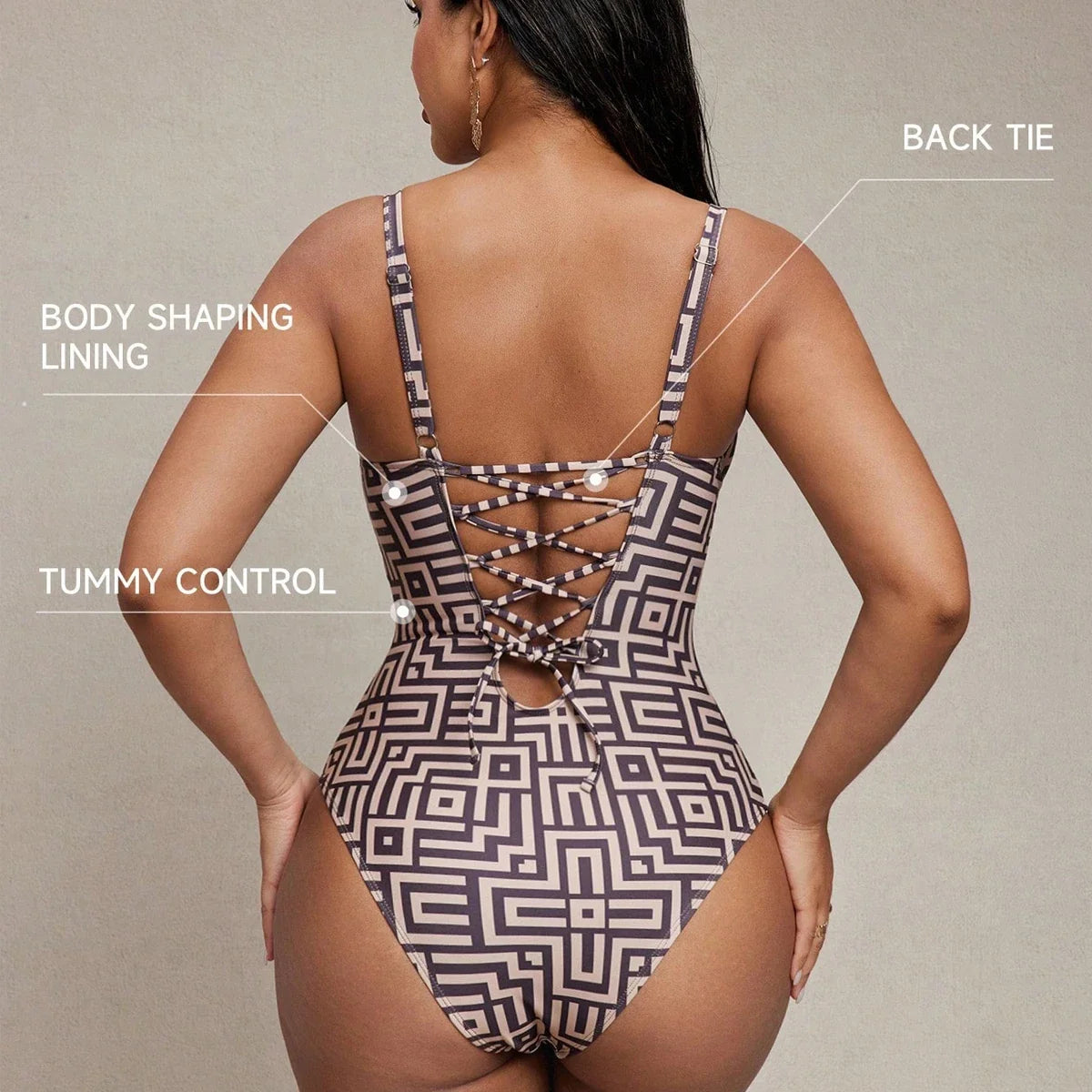 Sexy Coffee Geometry Print One Piece Swimsuit 2026 Women Underwire Push Up Bandage Back Cross Slim Fit Bathing Suit Swimwear