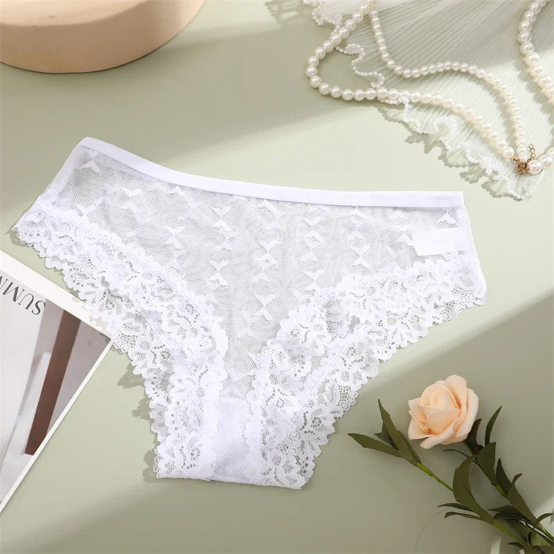 4PCS Lace Bikini Briefs Panties Women's Transparent Lingerie Sexy Female Underpants Floral Lace Perspective Waist Band Briefs