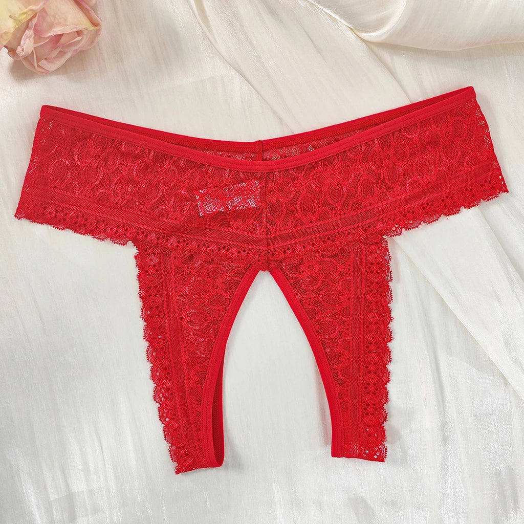 1pcs Women's Sexy Red Lace Open Crotch Thong Panties Floral Lace See Through Low Rise Intimate Lingerie for Ladies Nightwear