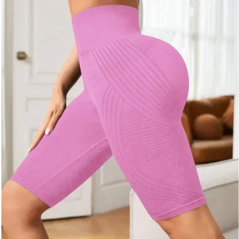 Women‘s Seamless Yoga Shorts High Waisted Striped Slim Shorts Sexy Butt Lifting Gym Trainning High Elastic Five Point Pants