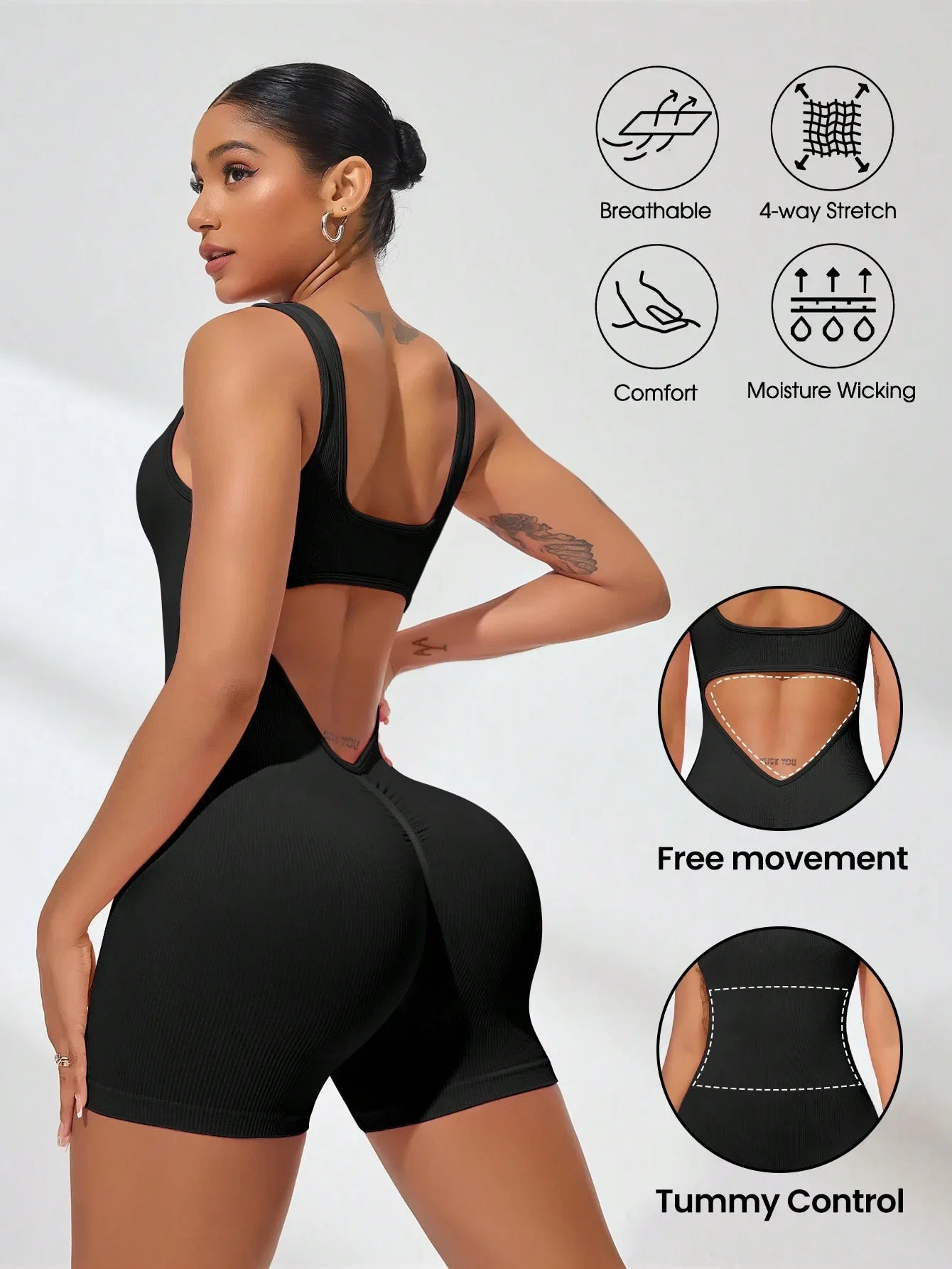 Women's Solid Colour Threaded Backless Yoga Suit U Neck Sleeveless Sports Jumpsuit Stretch Women Bodysuit Without Bust Pads