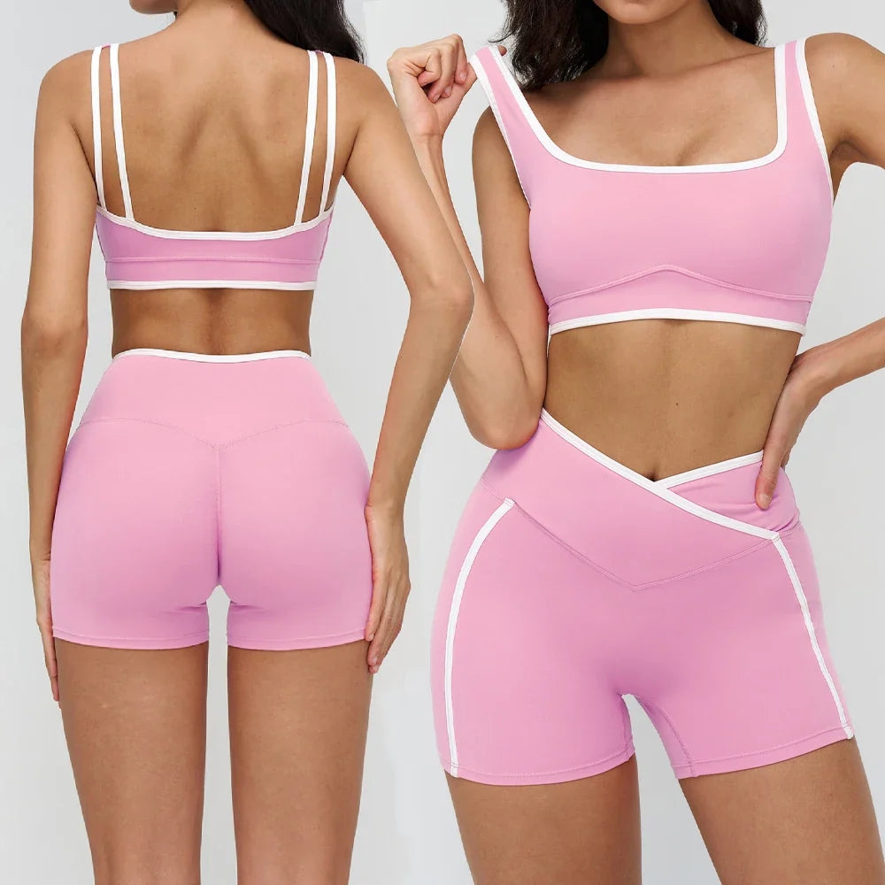 Patchwork Backless Yoga Sets Women Sportswear High Waist Gym Scrunch Bum Shorts Set Female Fitness Sports Suit Workout Clothes