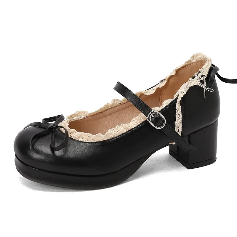 Women's Lolita Cosplay Mary Jane Pumps, Strap Platform Block Heel, Lace & Bow, Kawaii Vintage Dress Shoes Plus Size 31-50