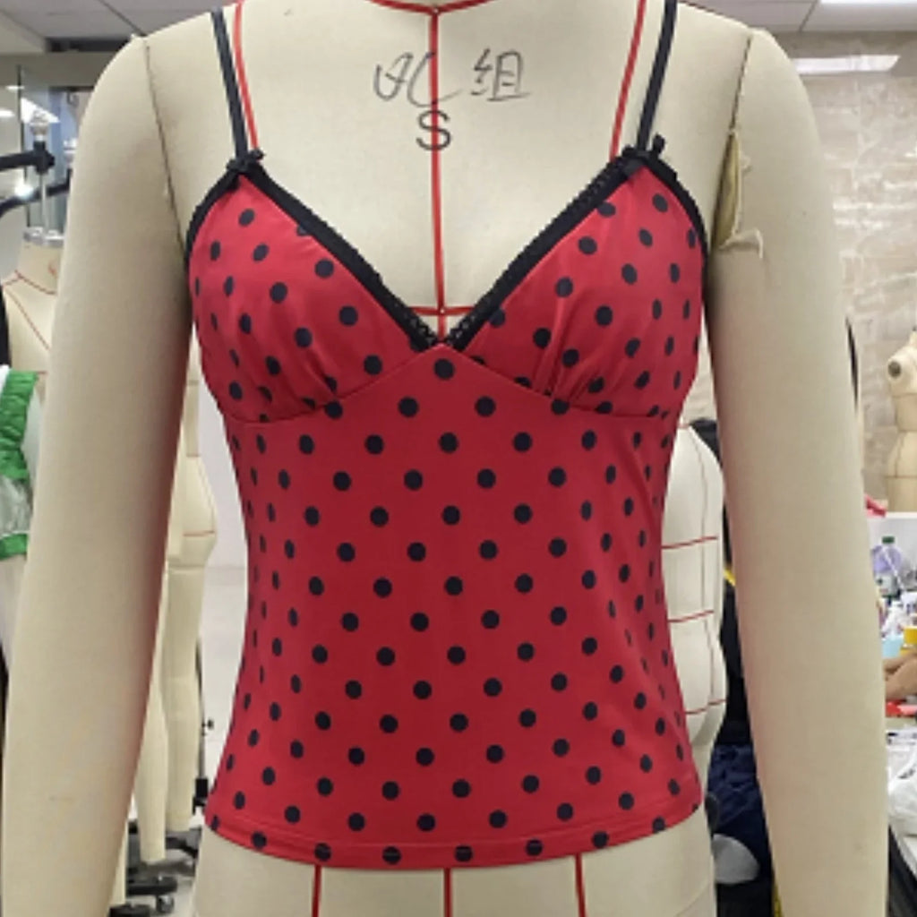Summer Camisole Women Fashion Deep V Neck Sleeveless Spaghetti Strap Dot Print Lace Patchwork Bow Decor Vest
