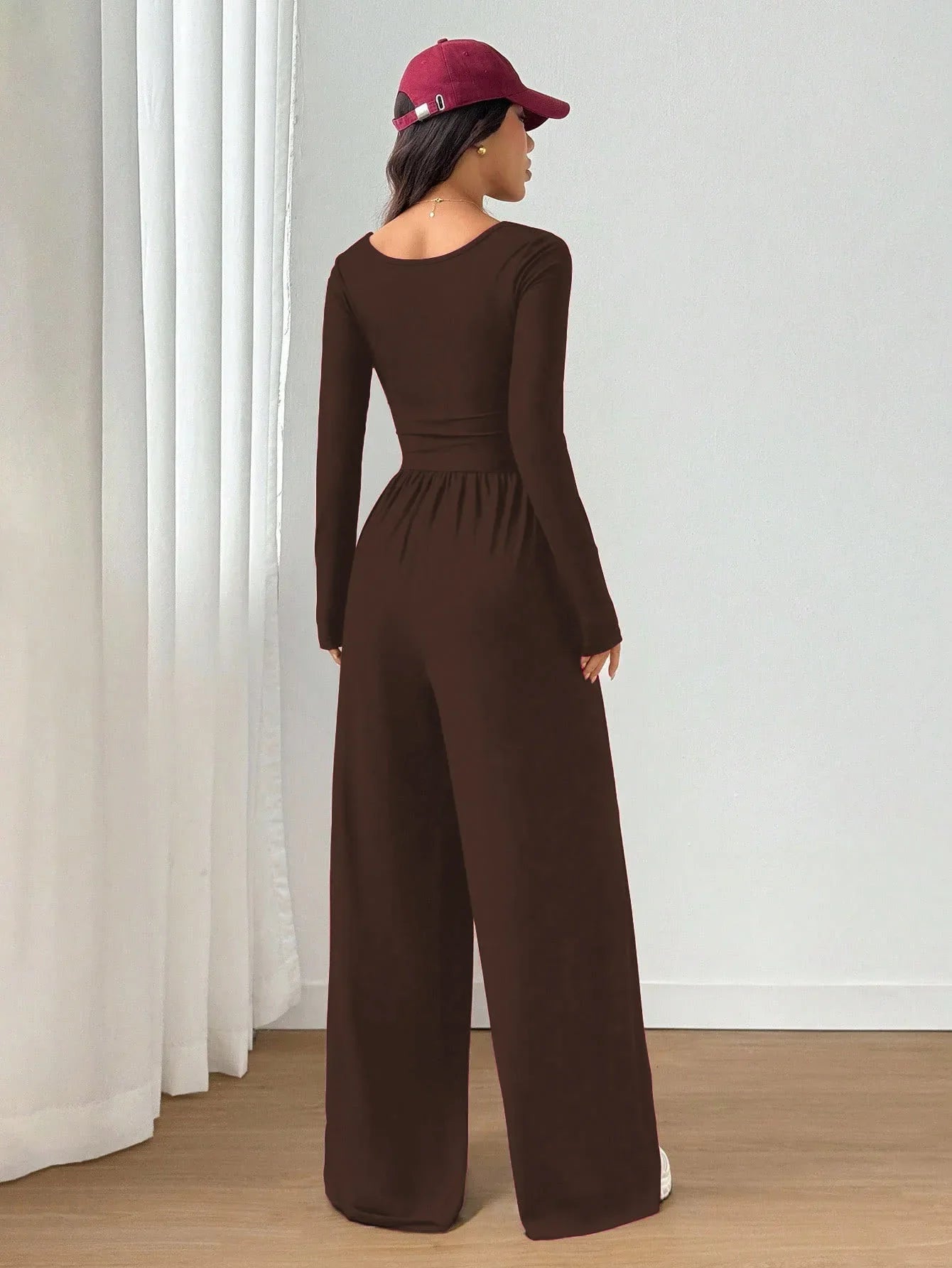 Women's Casual Solid Color Square Neck Long Sleeve A-Line Jumpsuit Pleating Wide Leg Loose Mopping Jumpsuit Spring/Fall 2026
