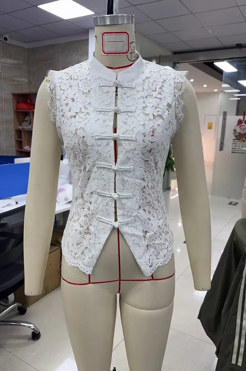 Y2K Aesthetic Solid Color Lace Crop Top Sleeveless Chinese Frog Button Vest Women's Summer Party Streetwear