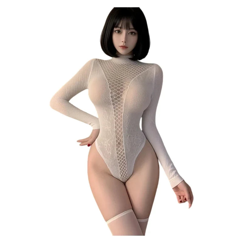 Sexy Lingerie Mesh Backless Open Bra Body Suits Erotic CostumeSee Through Hollow Full Sleeves Jumpsuit Black Plus Size Underwear
