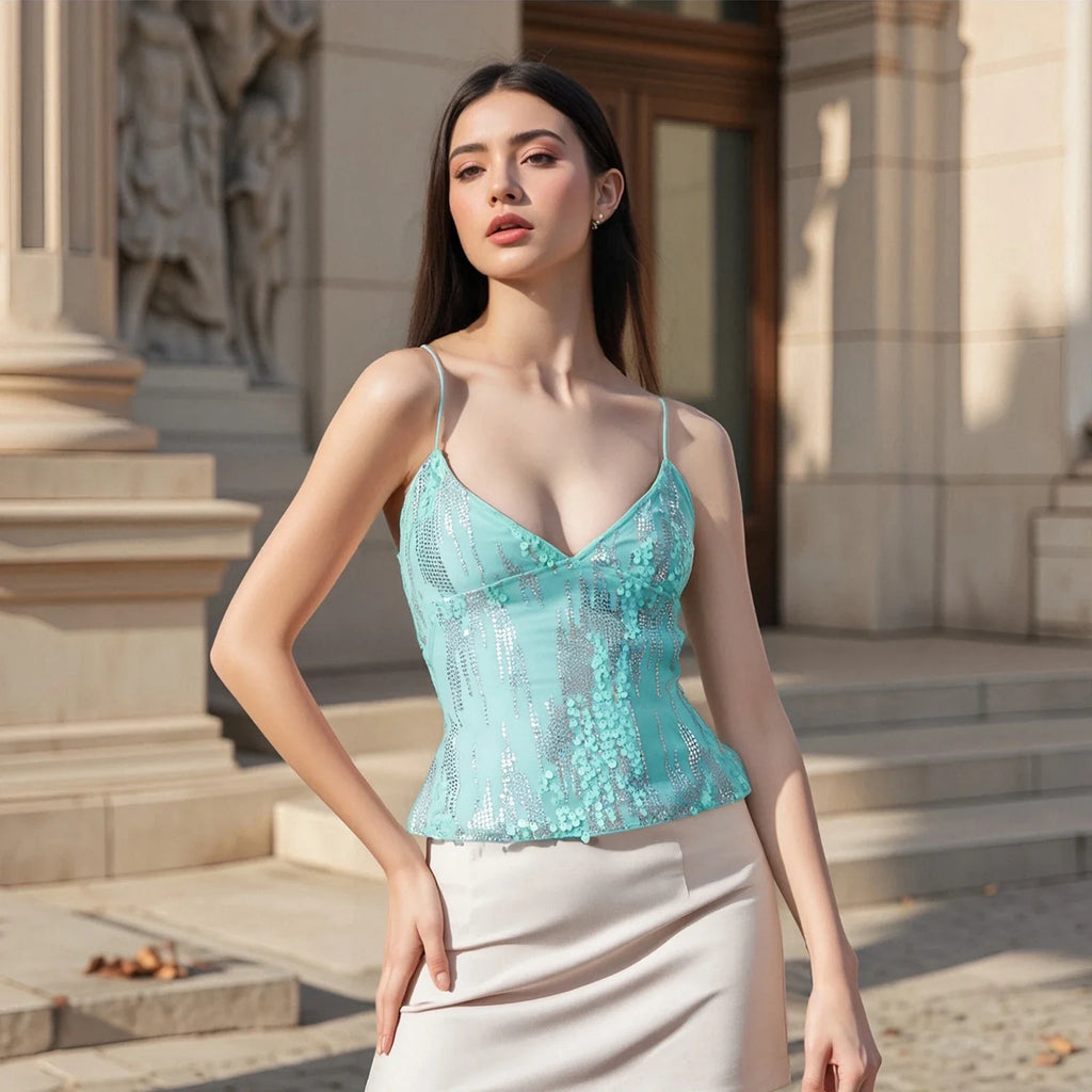Women's Summer Deep V Neck Sequin Tank Tops Summer Fashionable Backless Sleeveless Spaghetti Strap Slim Fit Camisole