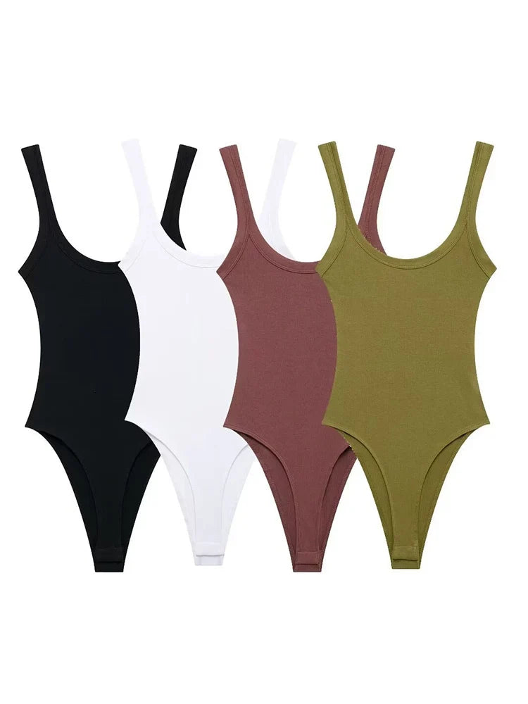 Women's Skinny Ribbed O-Neck Bodysuits with Straps Snap-Button Sexy Fashion Playsuits Comfortable Stretchy Female Clothing