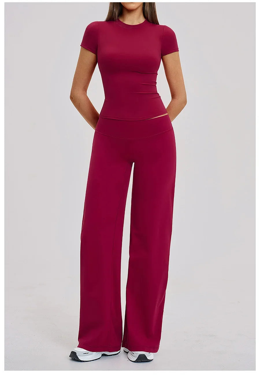 Yoga Set 2 Pieces Women Fitness Sportswear Gym Loose wide-leg pants Long-sleeved T-shirt Sports Crop Tops Tracksuit Workout Wear