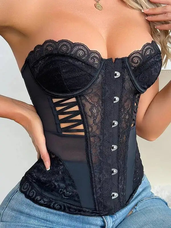 Strapless Black Lace Corset Top Sheer Mesh Button Front Bustier Blouse Women’s Stylish Evening Party Wear Fitted charming TLX4