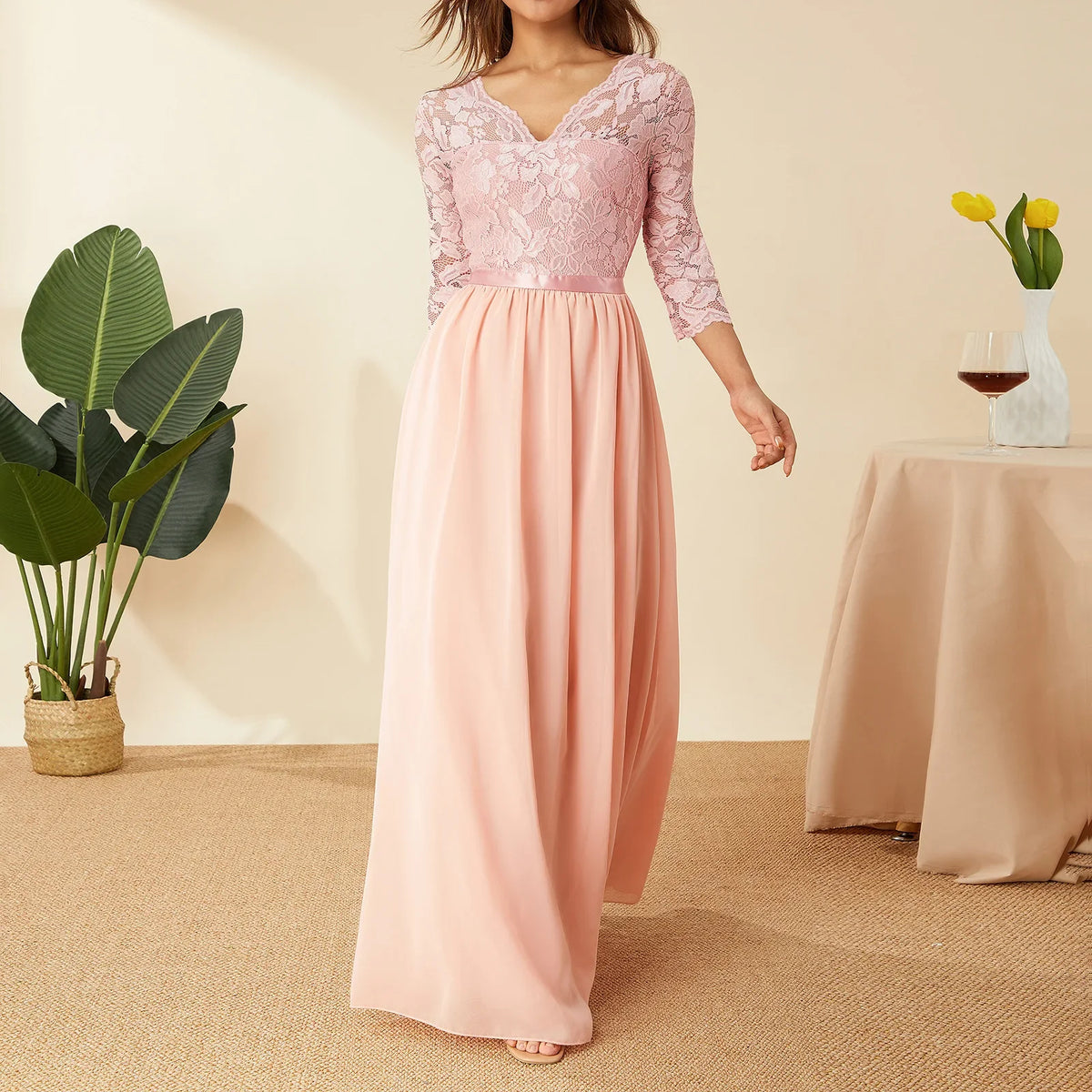Elegant Lace Chiffon A-Line Long Dresses Women Wedding Dress Bridesmaid Dresses V-neck Mid-Sleeve Backless Zipper Female Dress