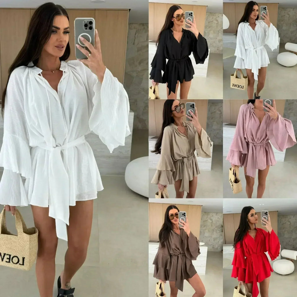 Elegant Fold Dress Women Brown Deep V-neck Long Sleeve Mini Dresses Female 2025 Spring Summer Fashion Loose Lady Vestidos