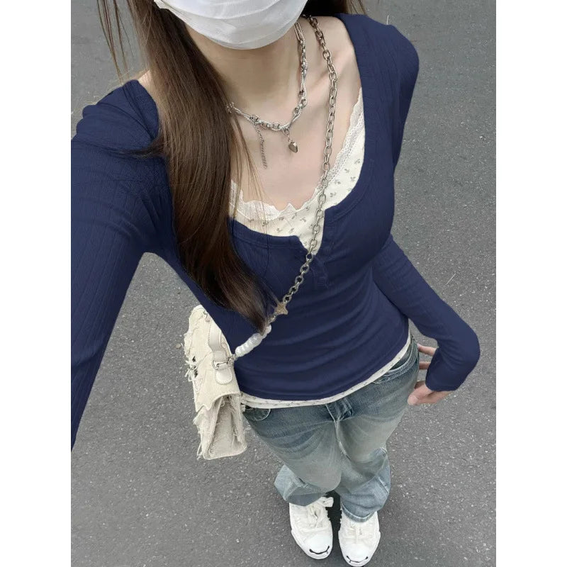 Women Streetwear Fake Two Pieces Long Sleeve T-shirt Floral Lace Trim Casual Slim Fit Tees Female Autumn Winter Bottoming Top