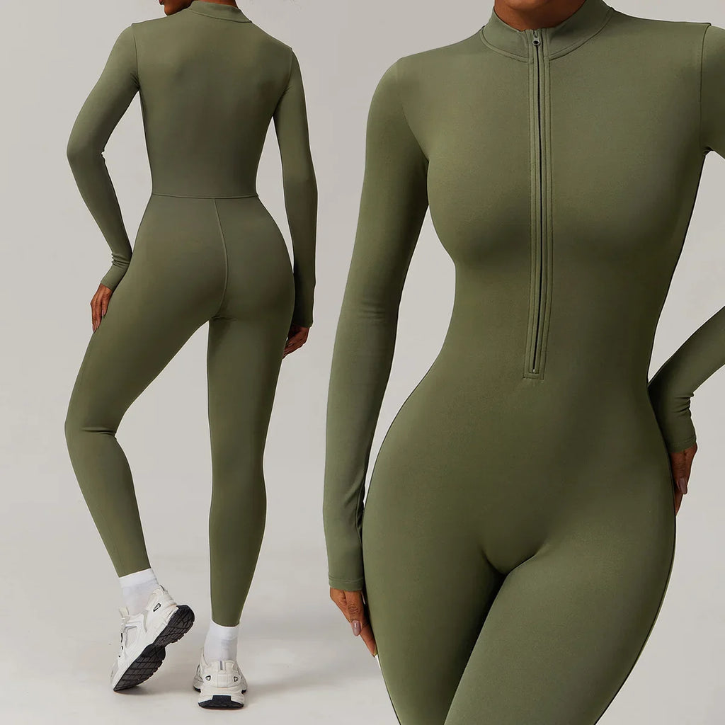 Zipper Workout Jumpsuit Sports Overalls Women Gym Clothing Running Long Sleeves Fitness Gym Tracksuit Short Sportswear Yoga Set